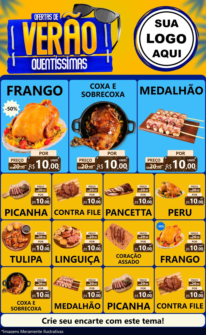 Modelo de Encarte para Encarte Grande com o tema Ofertas de Verão Quentíssimas para Assados