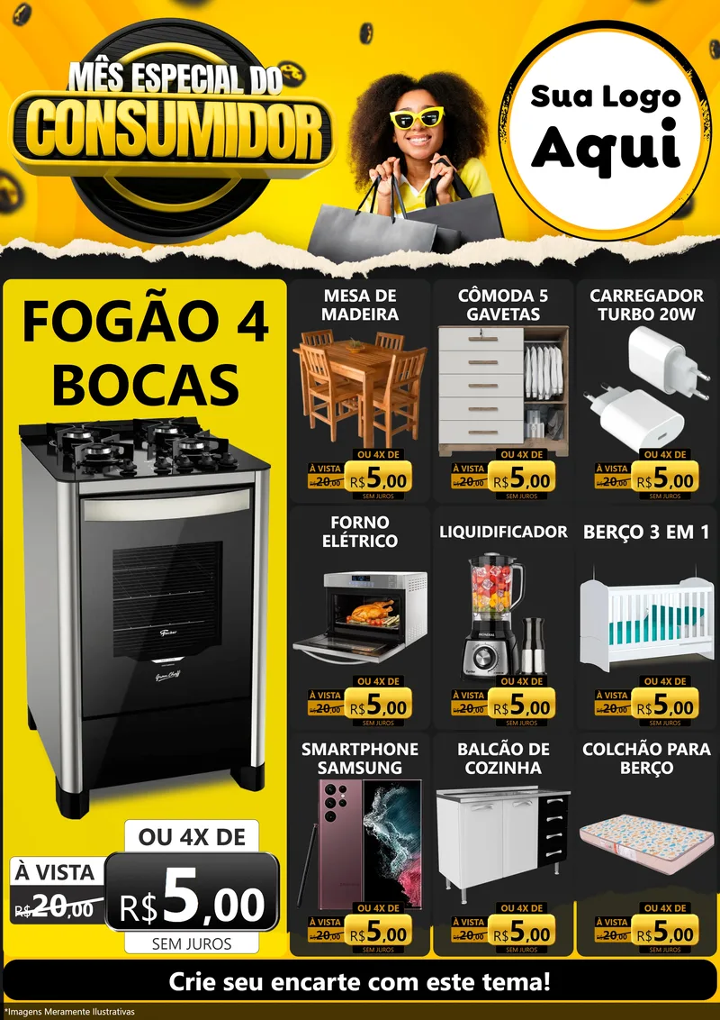 Modelo de Encarte para Encarte A4 Vertical com o tema Mês Especial do Consumidor para Móveis e Eletro