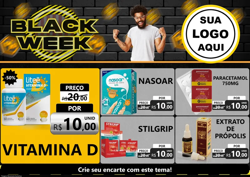 Modelo de Encarte para Encarte A4 Horizontal com o tema Black Week para Farmácia