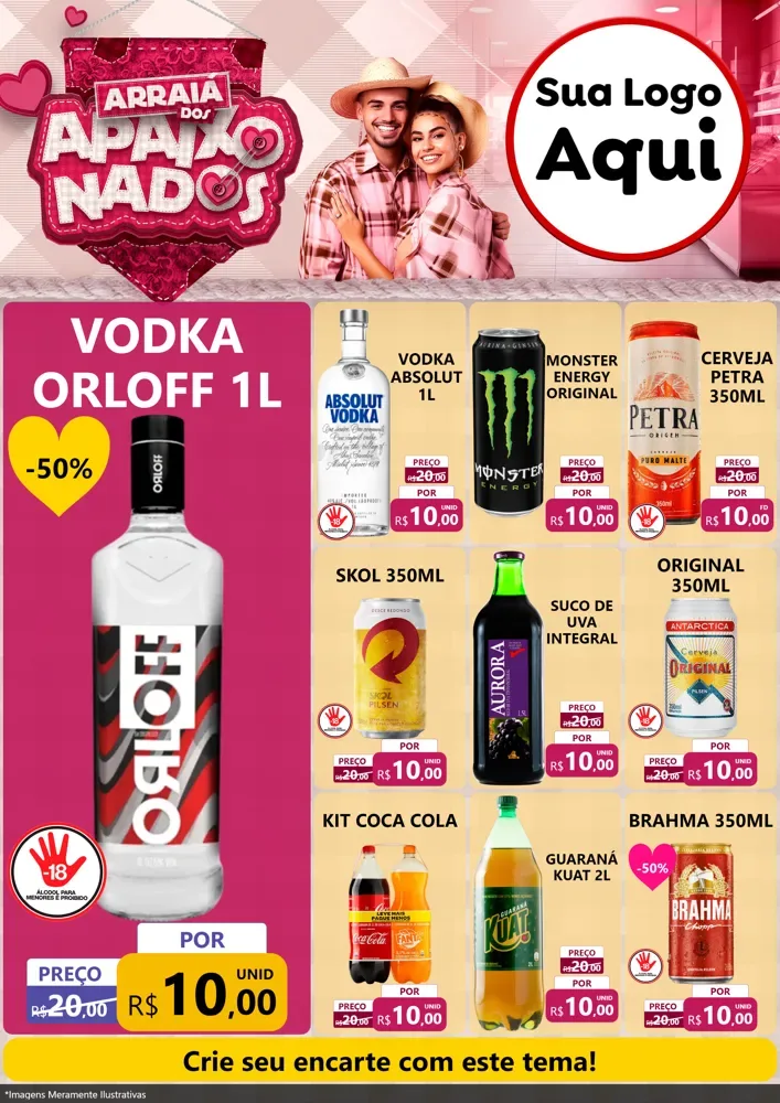 Modelo de Encarte para Encarte A4 Vertical com o tema Arraiá dos Apaixonados - Junina para Distribuidora de bebidas