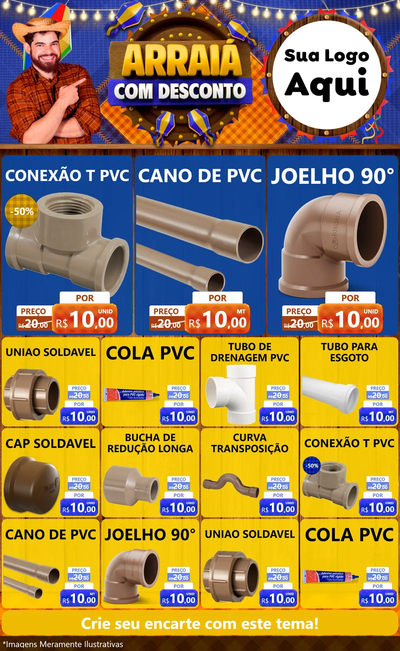 Modelo de Encarte para Encarte Grande com o tema Arraiá Com Desconto para Tubos e conexões