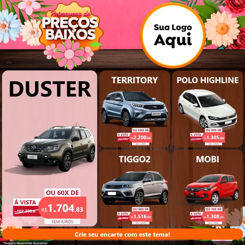 Modelo de Rede Social para Feed Facebook com o tema Primavera de Preços Baixos para Concessionaria de Carros