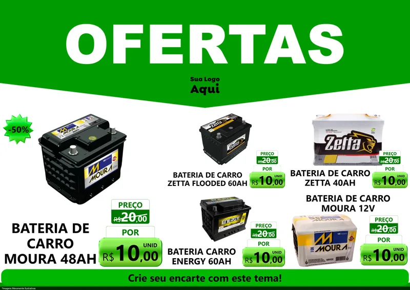 Modelo de Encarte para Encarte A4 Horizontal com o tema Ofertas Verde Cartaz para Baterias Elétricas