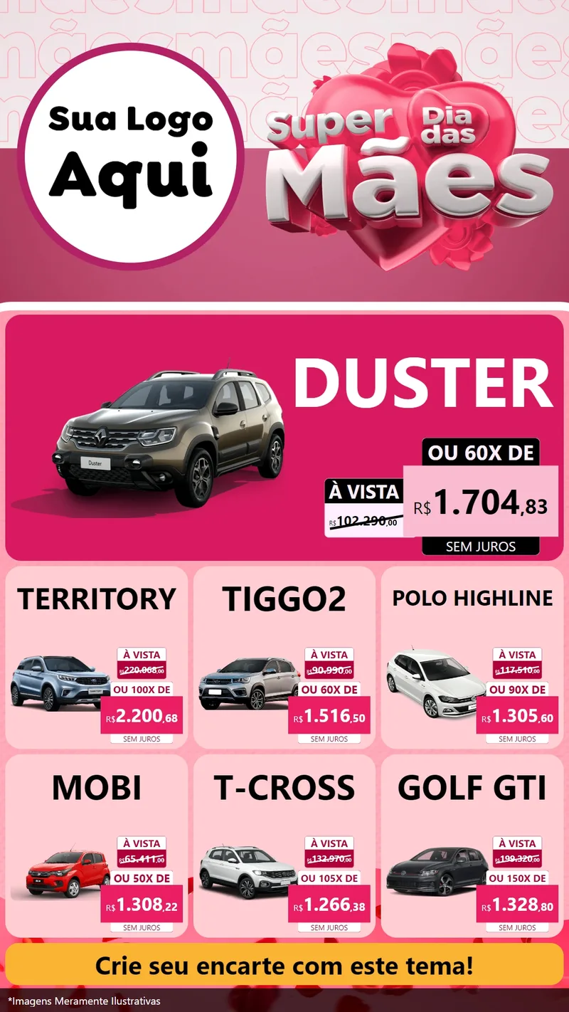 Modelo de Rede Social para Stories com o tema Super Dia Das Mães para Concessionaria de Carros