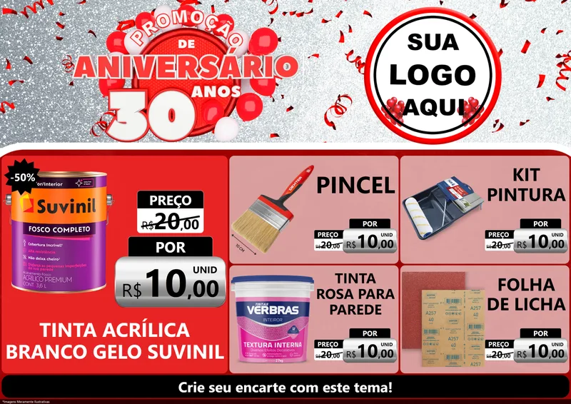 Modelo de Encarte para Encarte A4 Horizontal com o tema Promoção de Aniversário - 30 Anos para Tintas e Ferramentas