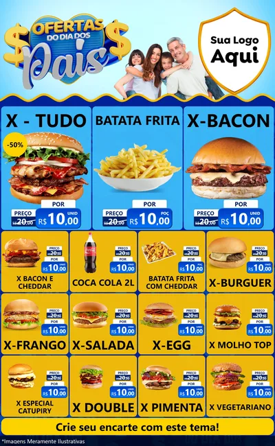 Modelo de Encarte para Encarte Grande com o tema Ofertas do Dia dos Pais para Hamburgueria