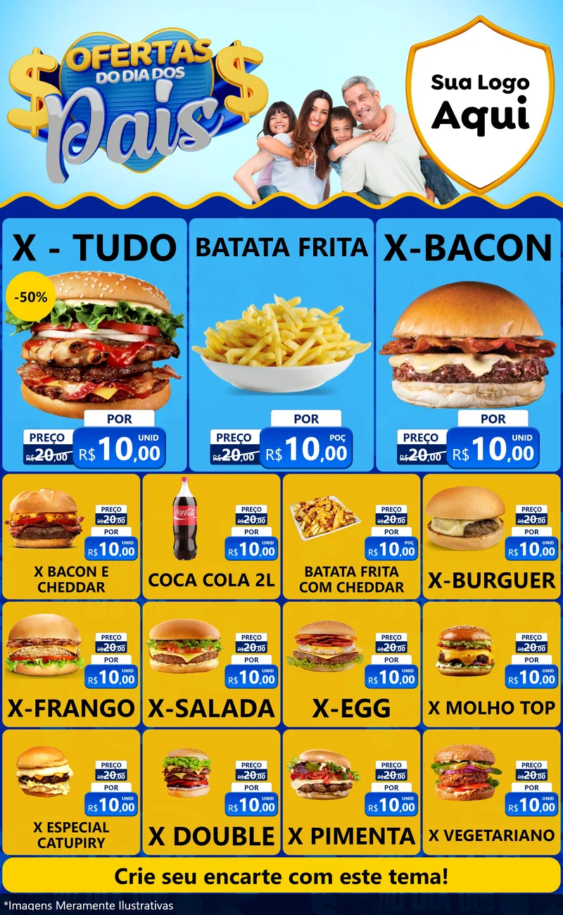 Modelo de Encarte para Encarte Grande com o tema Ofertas do Dia dos Pais para Hamburgueria