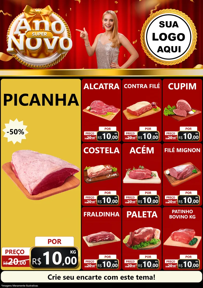 Modelo de Encarte para Encarte A4 Vertical com o tema Super Ano Novo para Açougue