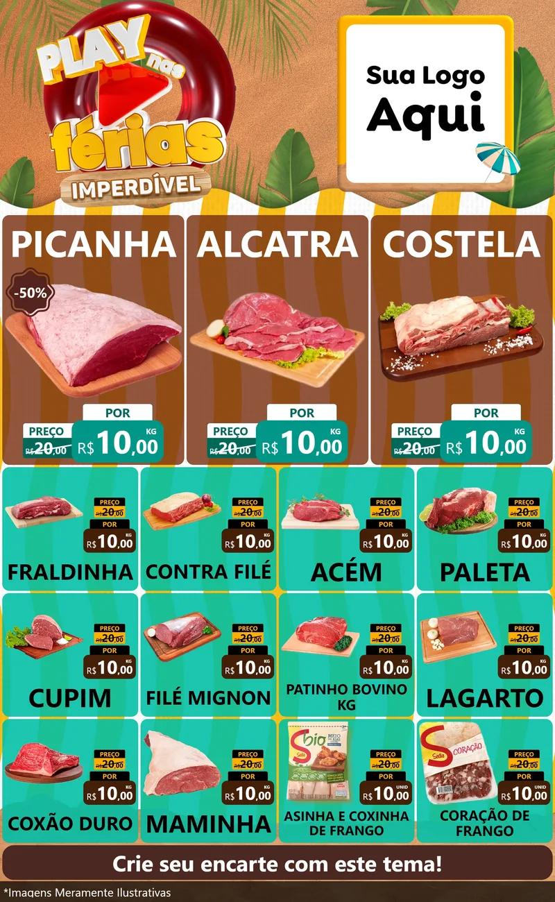 Modelo de Encarte para Encarte Grande com o tema Play Nas Férias Imperdível para Açougue