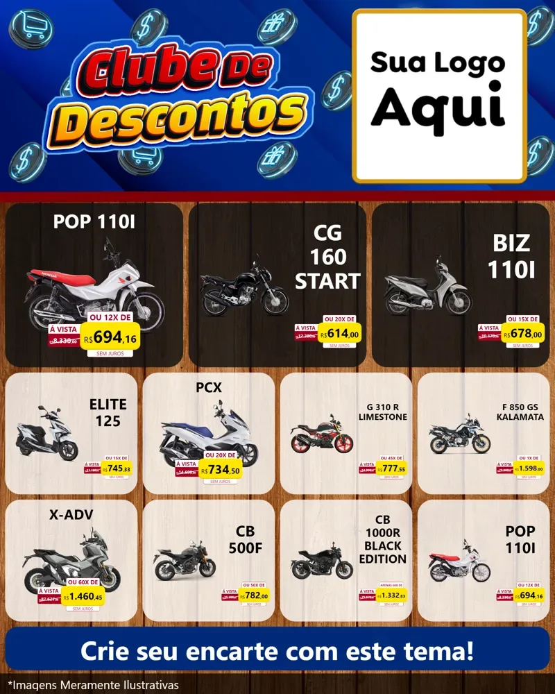 Modelo de Rede Social para Feed Instagram com o tema Clube de Descontos para Concessionaria de Motos