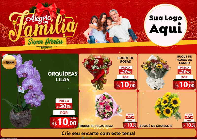 Modelo de Encarte para Encarte A4 Horizontal com o tema Alegria em Família Super Ofertas - Natal para Floricultura e jardim