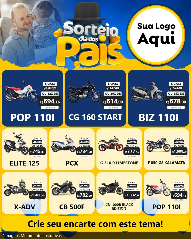 Modelo de Rede Social para Feed Instagram com o tema Sorteio Dia Dos Pais para Concessionaria de Motos