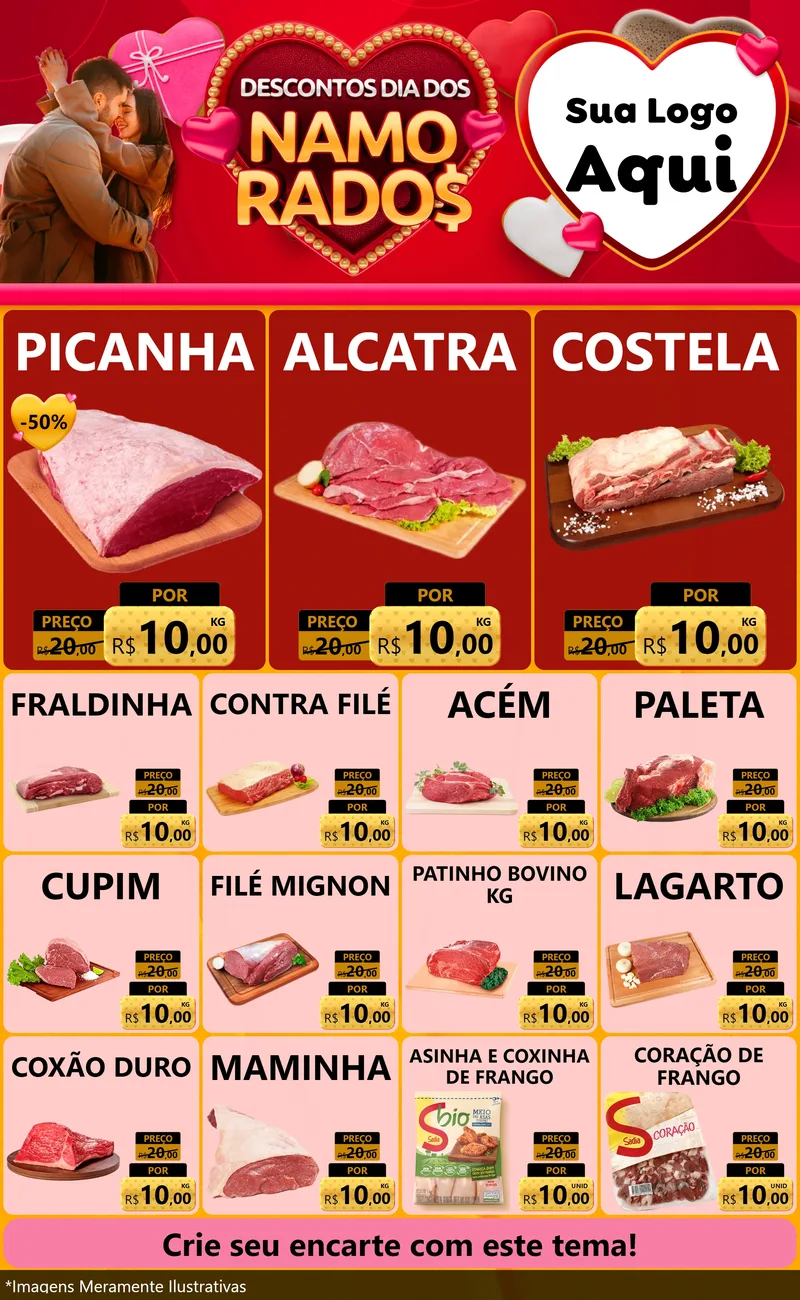 Modelo de Encarte para Encarte Grande com o tema Descontos Dia dos Namorados para Açougue