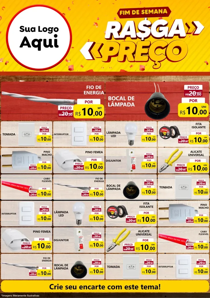 Modelo de Encarte para Encarte A4 Vertical com o tema Fim de Semana Rasga Preços para Materiais Elétricos