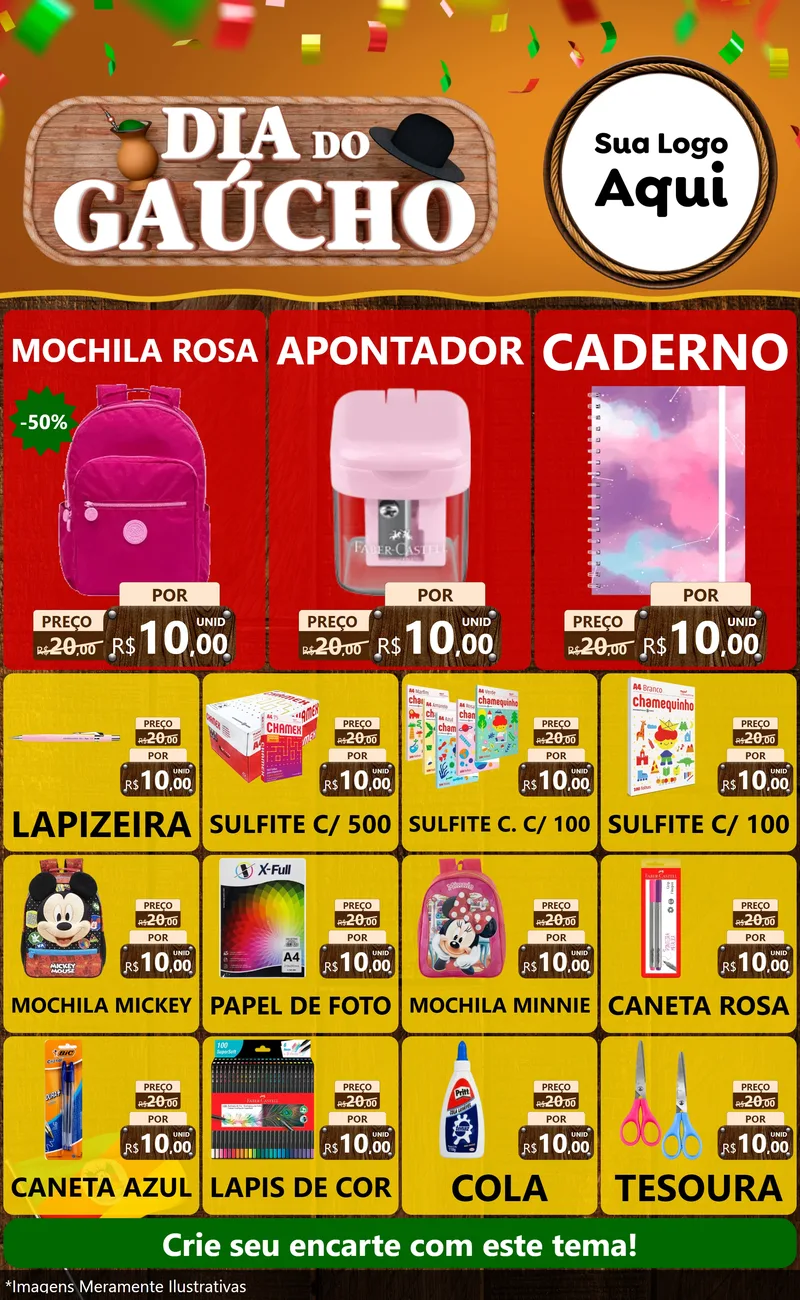 Modelo de Encarte para Encarte Grande com o tema Dia do Gaúcho para Papelaria