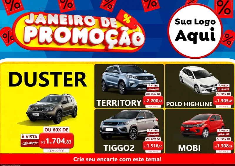 Modelo de Encarte para Encarte A4 Horizontal com o tema Janeiro de Promoção para Concessionaria de Carros