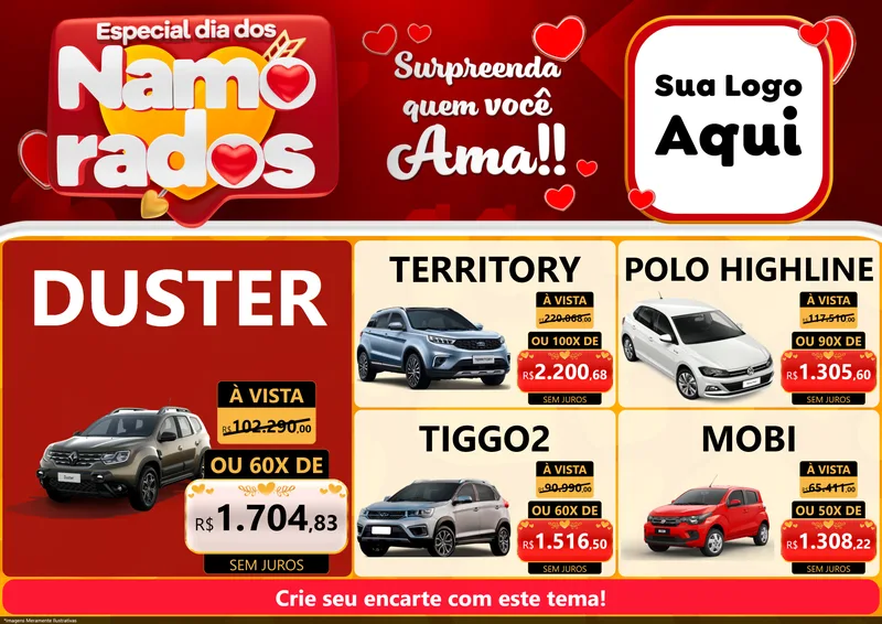 Modelo de Encarte para Encarte A4 Horizontal com o tema Especial Dia dos Namorados para Concessionaria de Carros