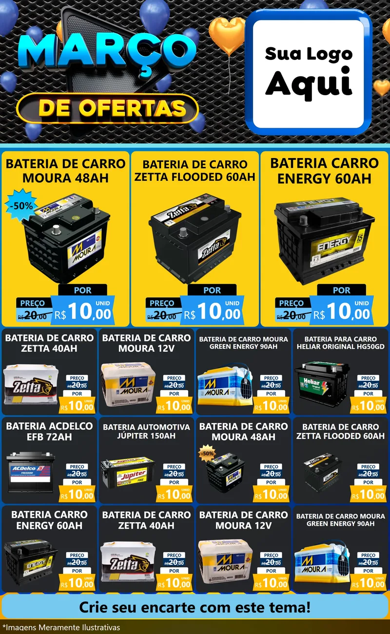 Modelo de Encarte para Encarte Grande com o tema Março de Ofertas para Baterias Elétricas