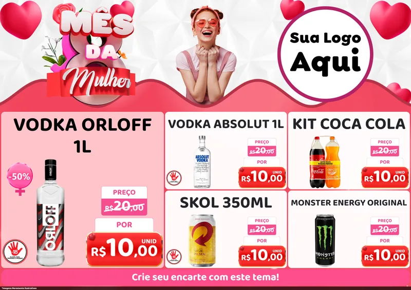 Modelo de Encarte para Encarte A4 Horizontal com o tema Mês da Mulher para Distribuidora de bebidas