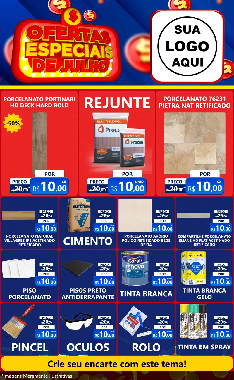 Modelo de Encarte para Encarte Grande com o tema Ofertas Especiais de Julho para Pisos e revestimentos