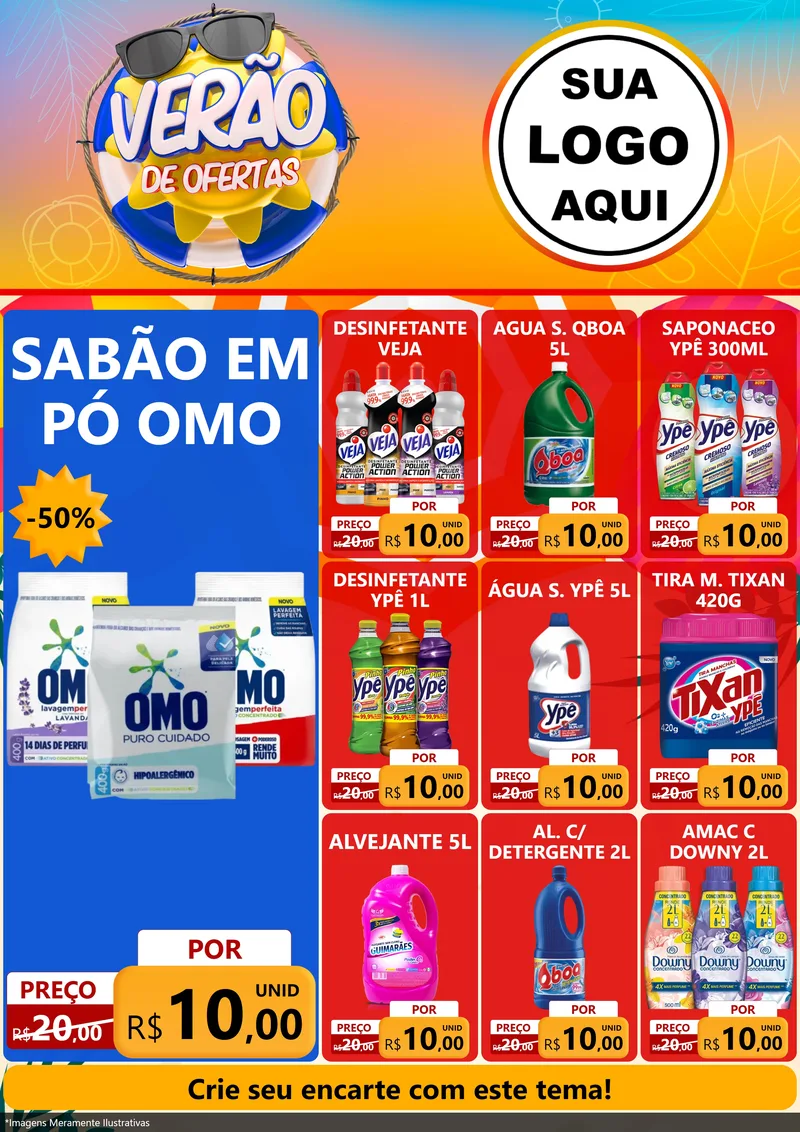 Modelo de Encarte para Encarte A4 Vertical com o tema Verão de Ofertas para Produtos de Limpeza