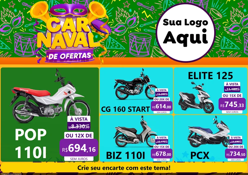 Modelo de Encarte para Encarte A4 Horizontal com o tema Carnaval de Ofertas para Concessionaria de Motos