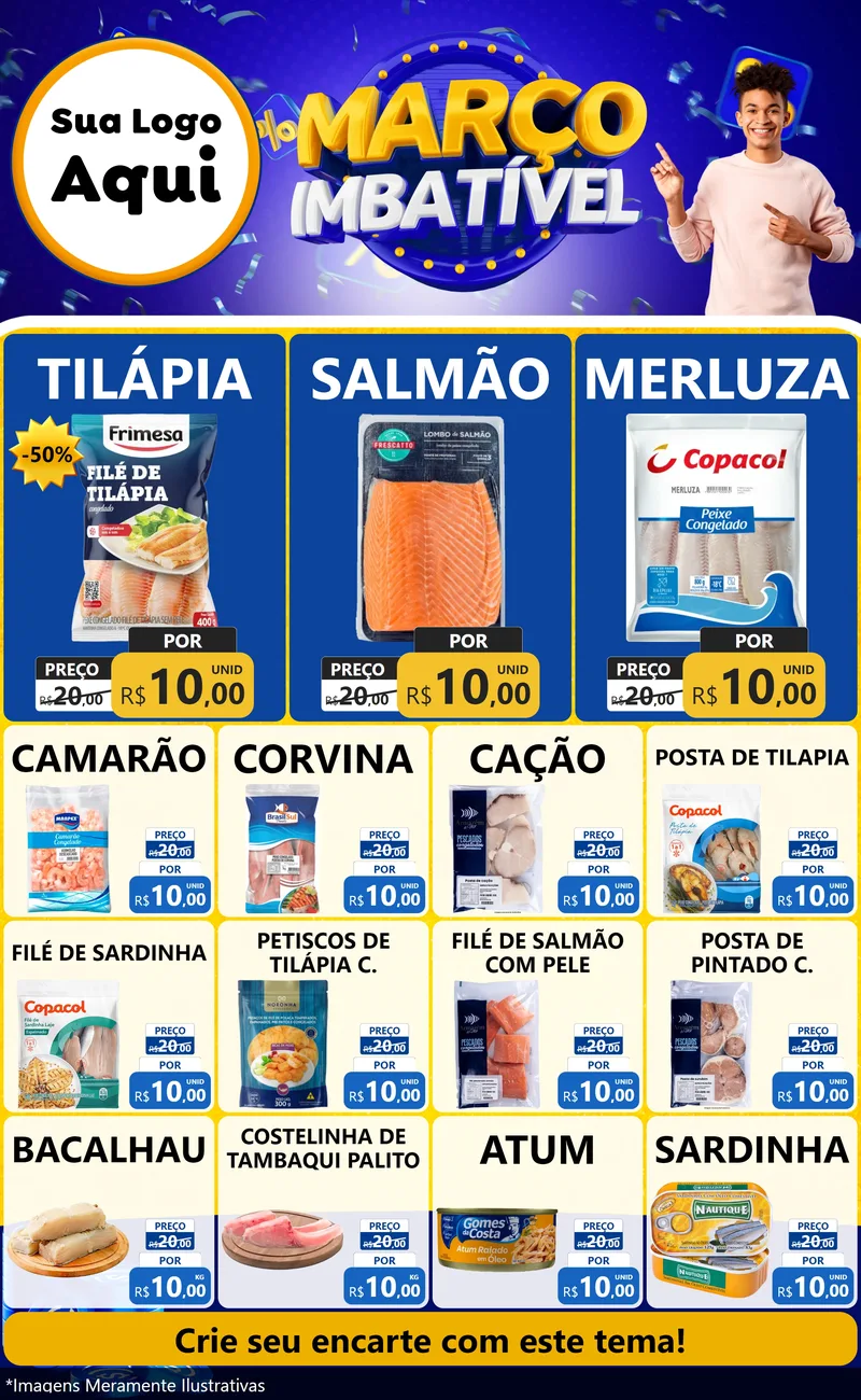 Modelo de Encarte para Encarte Grande com o tema Março Imbatível para Peixaria