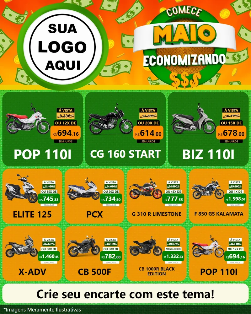 Modelo de Rede Social para Feed Instagram com o tema Comece Maio Economizando para Concessionaria de Motos