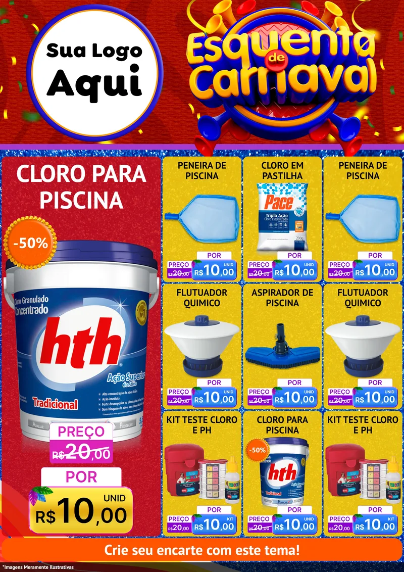 Modelo de Encarte para Encarte A4 Vertical com o tema Esquenta de Carnaval para Produtos para Piscina
