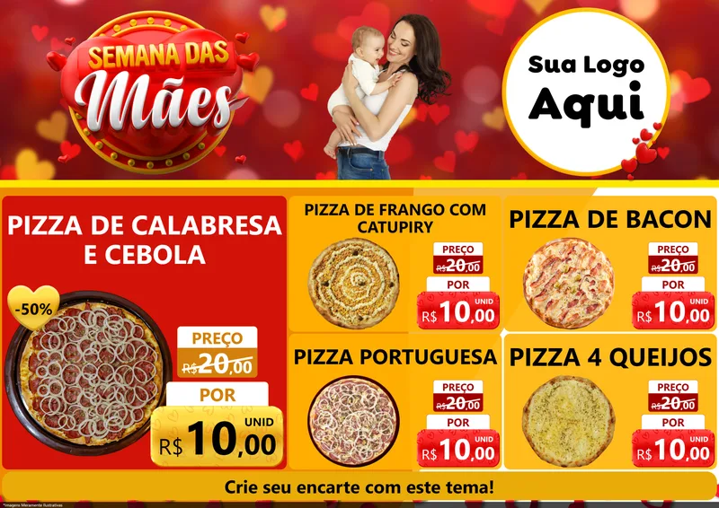 Modelo de Encarte para Encarte A4 Horizontal com o tema Semana das Mães para Pizzaria