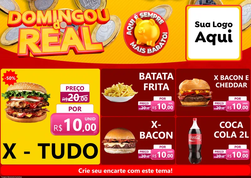 Modelo de Encarte para Encarte A4 Horizontal com o tema Domingou do Real para Hamburgueria