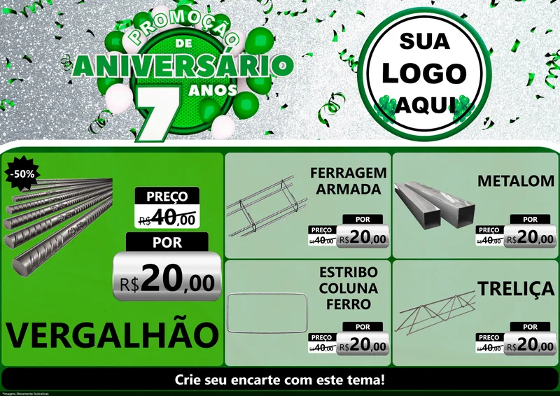 Modelo de Encarte para Encarte A4 Horizontal com o tema Promoção de Aniversário - 7 Anos para Ferragens