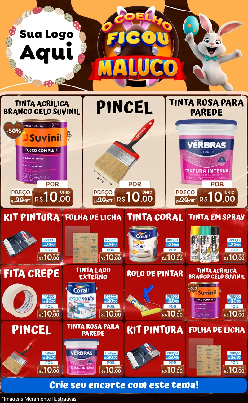Modelo de Encarte para Encarte Grande com o tema O Coelho Ficou Maluco - Páscoa para Tintas e Ferramentas