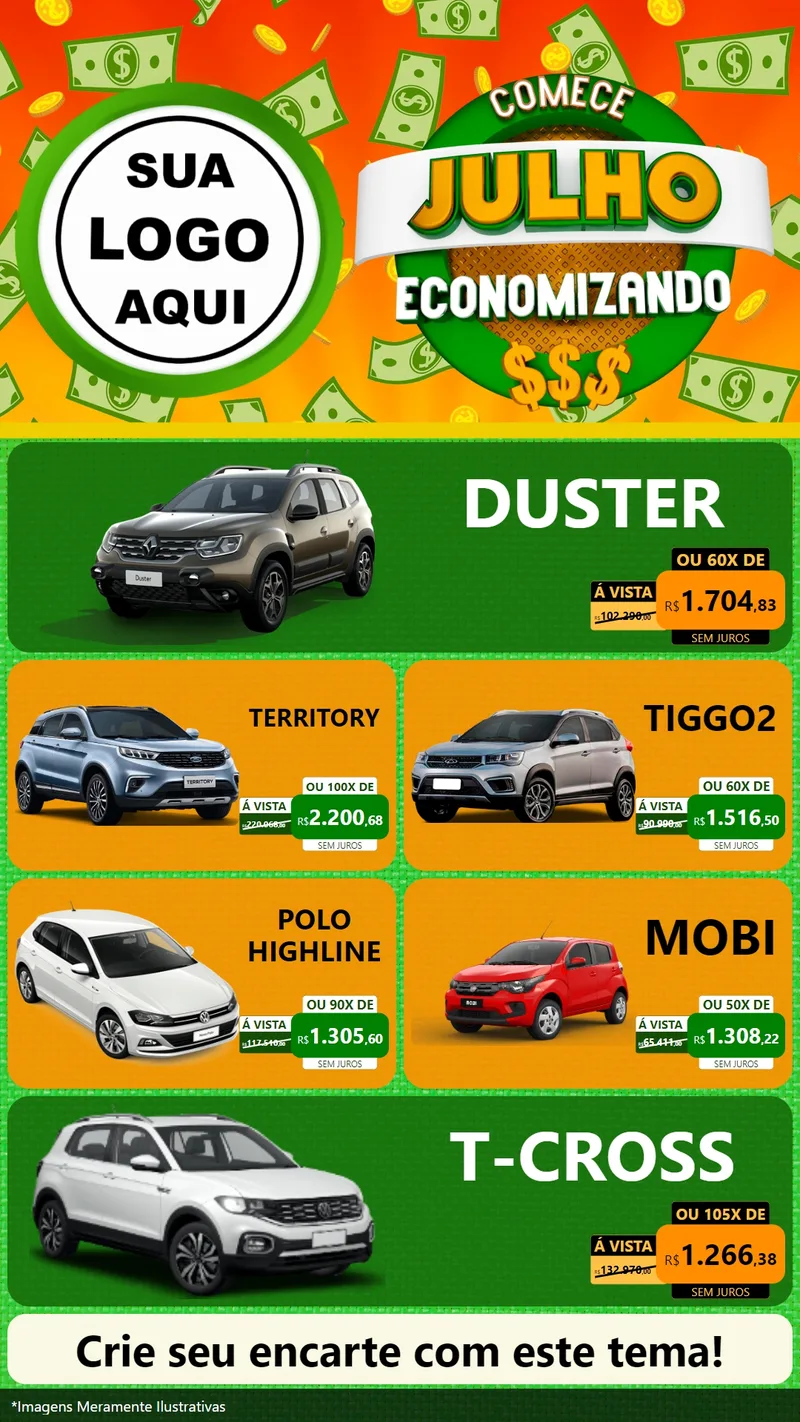 Modelo de TV para TV Vertical com o tema Comece Julho Economizando para Concessionaria de Carros