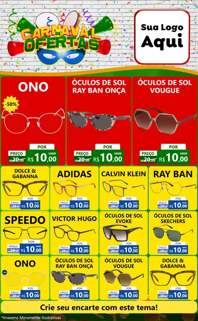 Modelo de Encarte para Encarte Grande com o tema Carnaval de Ofertas para Óticas