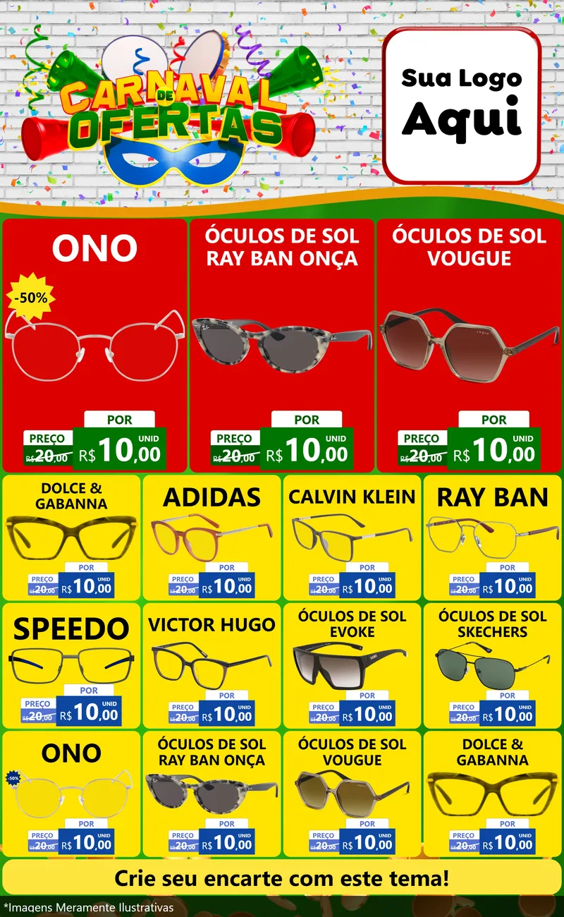 Modelo de Encarte para Encarte Grande com o tema Carnaval de Ofertas para Óticas