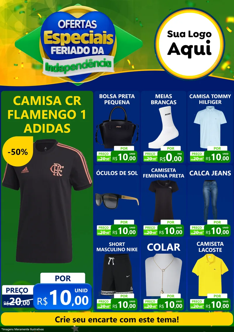 Modelo de Encarte para Encarte A4 Vertical com o tema Ofertas Especiais Feriado da Independência para Roupas e acessórios