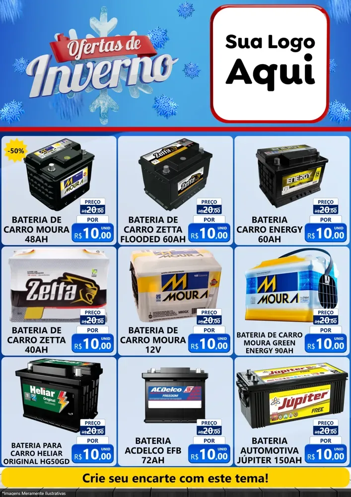 Modelo de Encarte para Encarte A4 Vertical com o tema Ofertas de Inverno para Baterias Elétricas