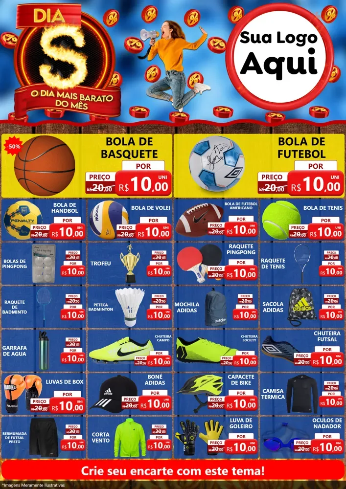 Modelo de Encarte para Encarte A4 Vertical com o tema Dia S - O Dia Mais Barato Do Mês para Artigos Esportivos