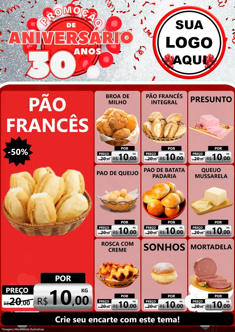 Modelo de Encarte para Encarte A4 Vertical com o tema Promoção de Aniversário - 30 Anos para Padaria
