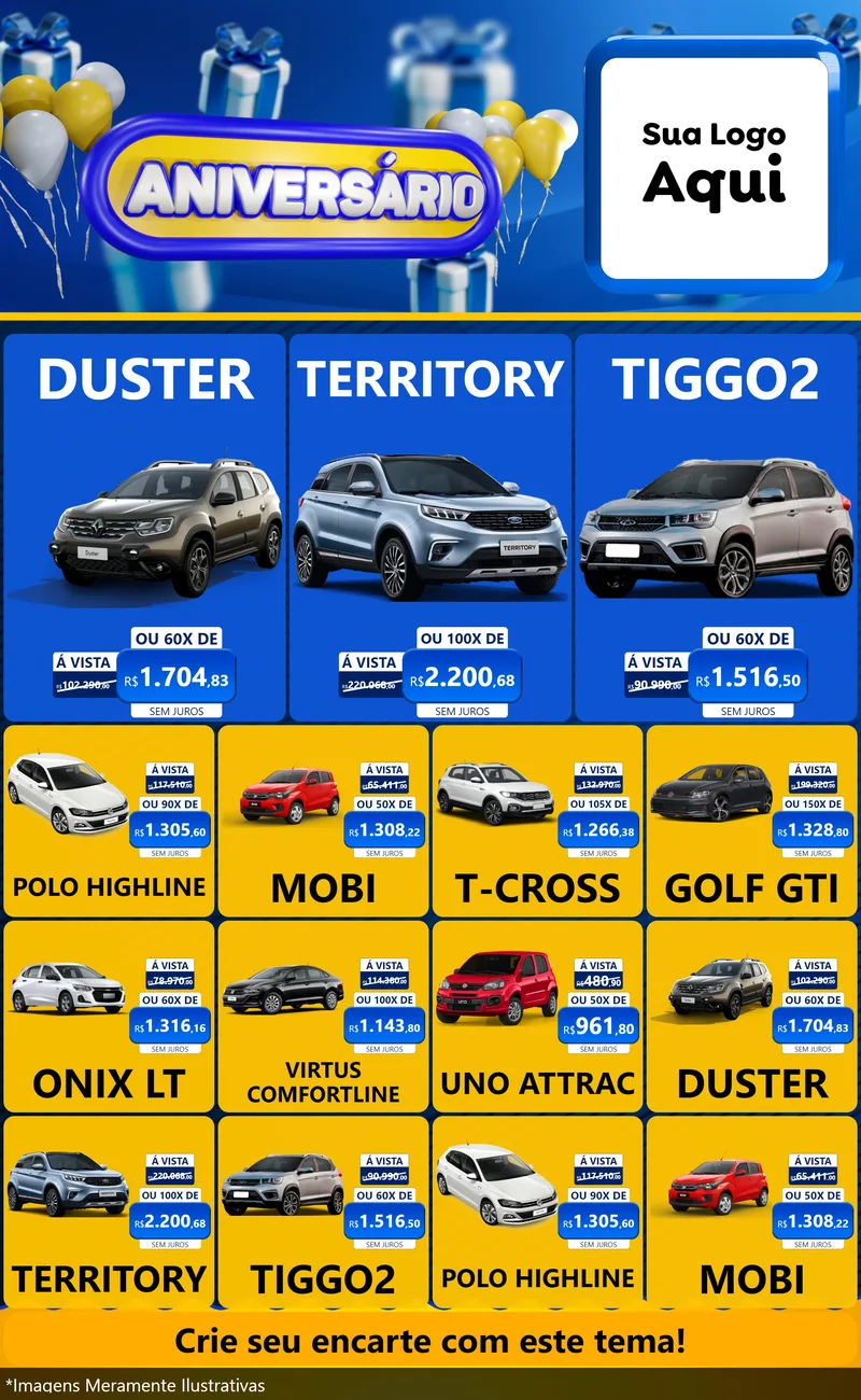 Modelo de Encarte para Encarte Grande com o tema Aniversário para Concessionaria de Carros