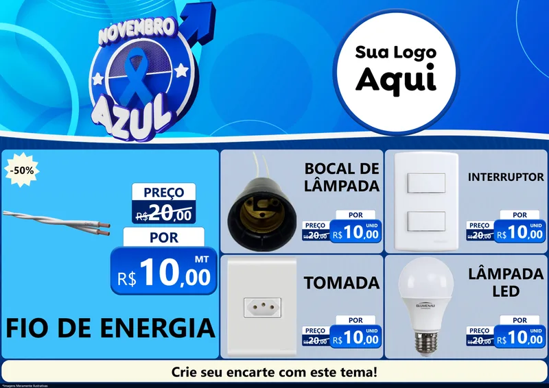 Modelo de Encarte para Encarte A4 Horizontal com o tema Novembro Azul para Materiais Elétricos