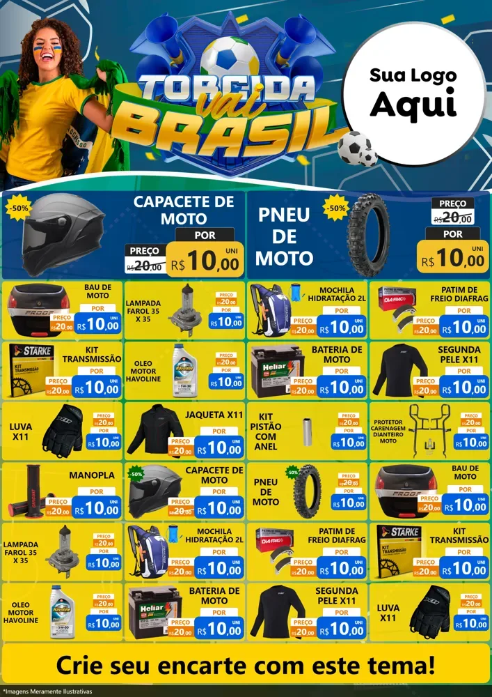 Modelo de Encarte para Encarte A4 Vertical com o tema Torcida Vai Brasil - Copa para Moto peças