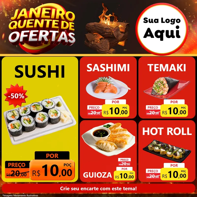 Modelo de Rede Social para Feed Facebook com o tema Janeiro Quente de Ofertas para Comida japonesa