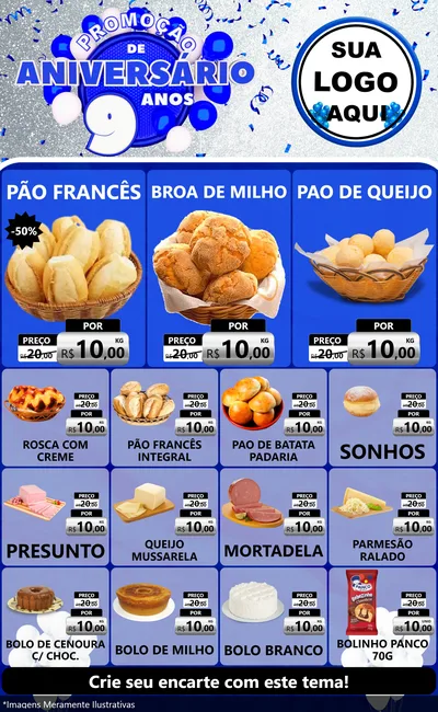 Modelo de Encarte para Encarte Grande com o tema Promoção de Aniversário - 9 Anos para Padaria