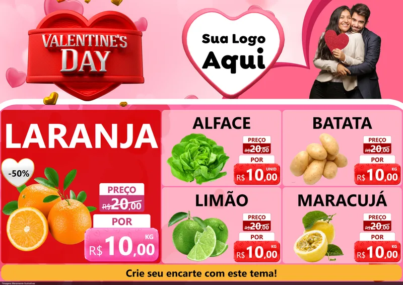 Modelo de Encarte para Encarte A4 Horizontal com o tema Valentine's Day para Hortifrúti