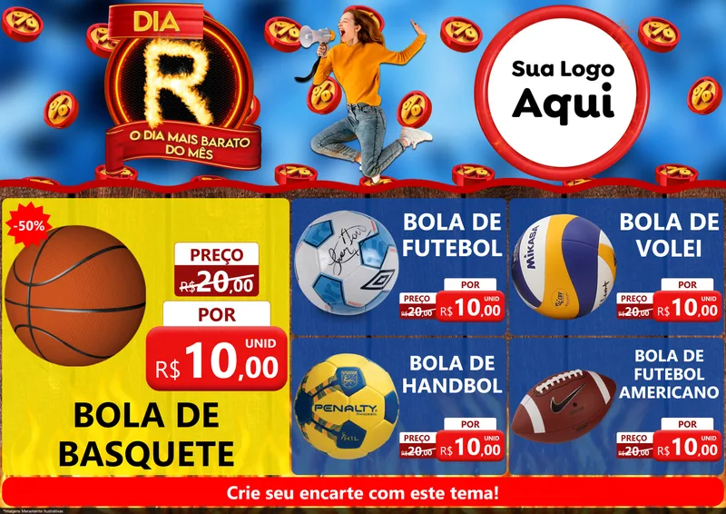 Modelo de Encarte para Encarte A4 Horizontal com o tema Dia R - O Dia Mais Barato Do Mês para Artigos Esportivos