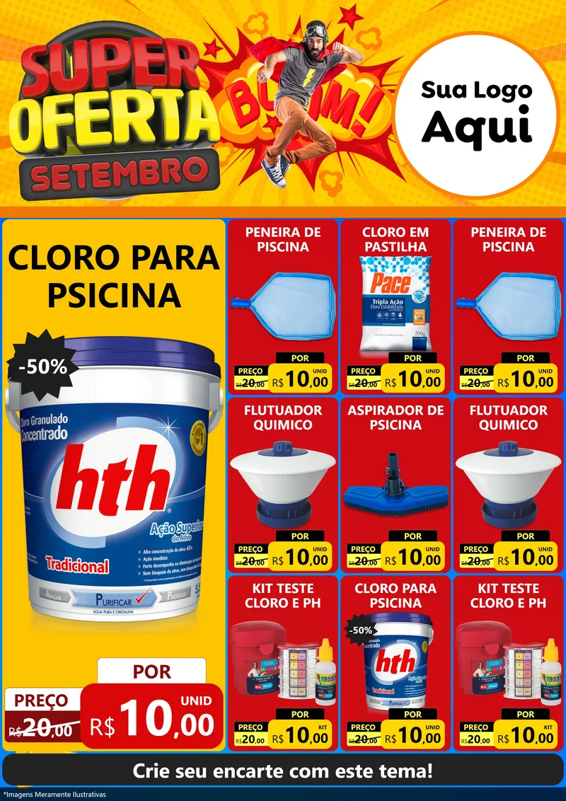 Modelo de Encarte para Encarte A4 Vertical com o tema Super Oferta Setembro para Produtos para Piscina