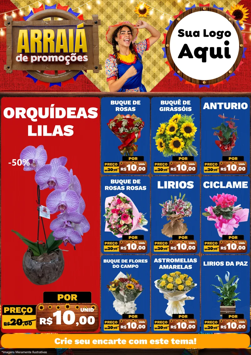 Modelo de Encarte para Encarte A4 Vertical com o tema Arraiá de Promoções para Floricultura e jardim