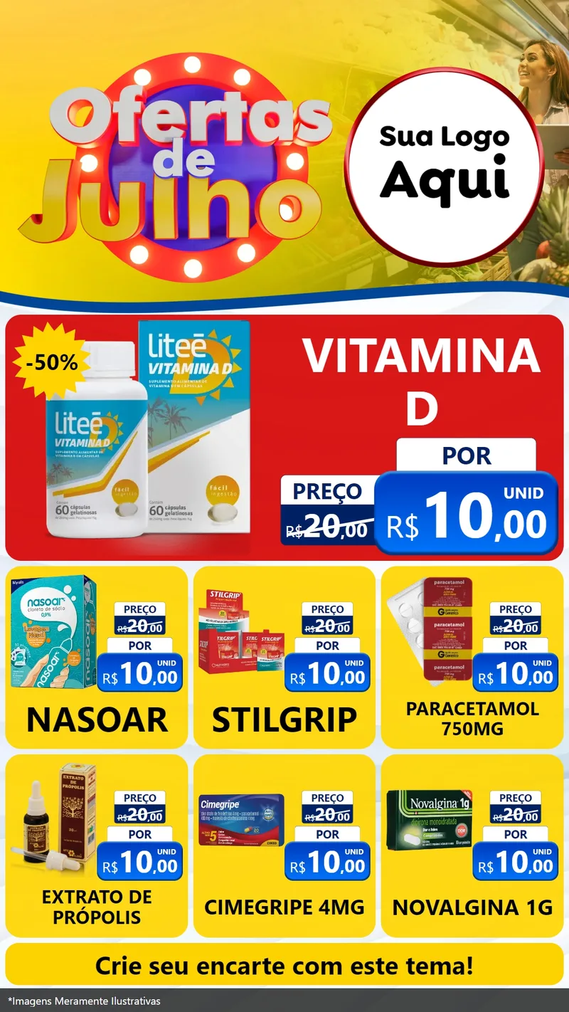 Modelo de Rede Social para Stories com o tema Ofertas de Julho para Farmácia